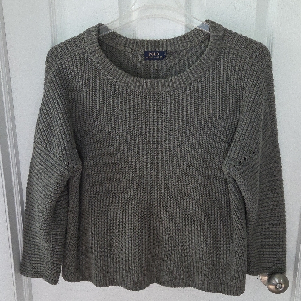 Polo Ralph Lauren Grey Ribbed Chunky Knit Sweater Cropped Boxy Drop Shoulder L